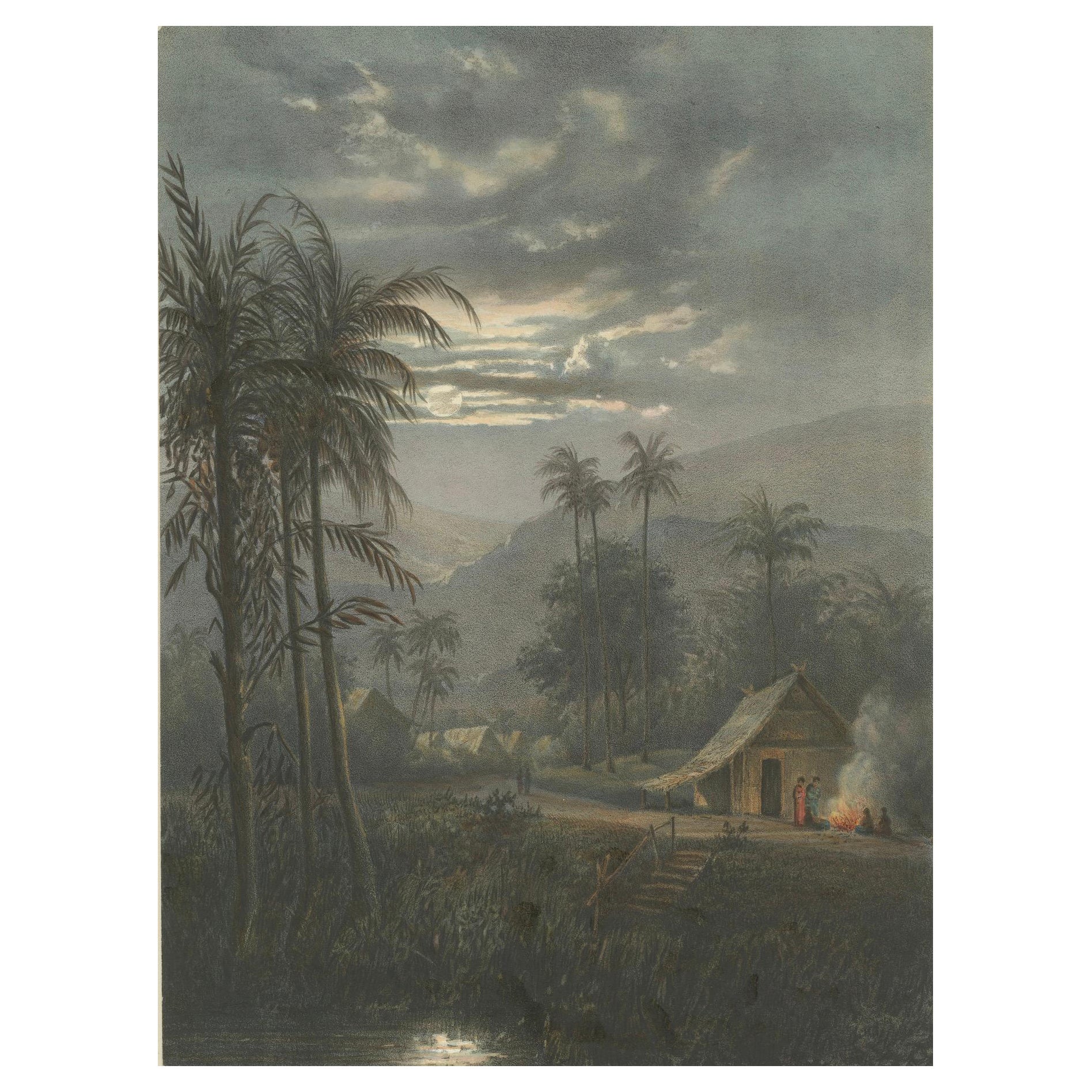 Mondscheinlandschaft bei Sumedang, West-Java - Seltene Java-Lithografie, 1872