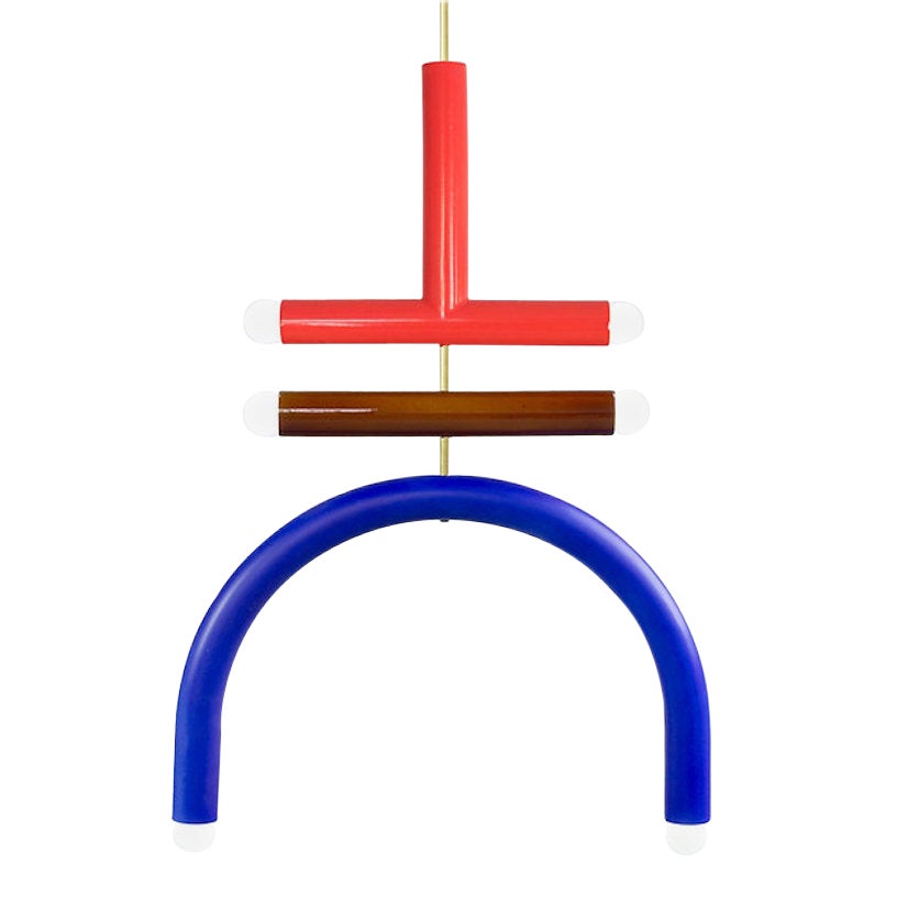 Lampada a sospensione personalizzabile 'TRN F2', asta in ottone, ceramica rossa, marrone e blu cobalto