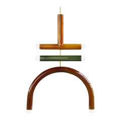 Customizable Pendant Lamp 'TRN F2', Brass Rod, Ochre, Green & Brown Ceramic