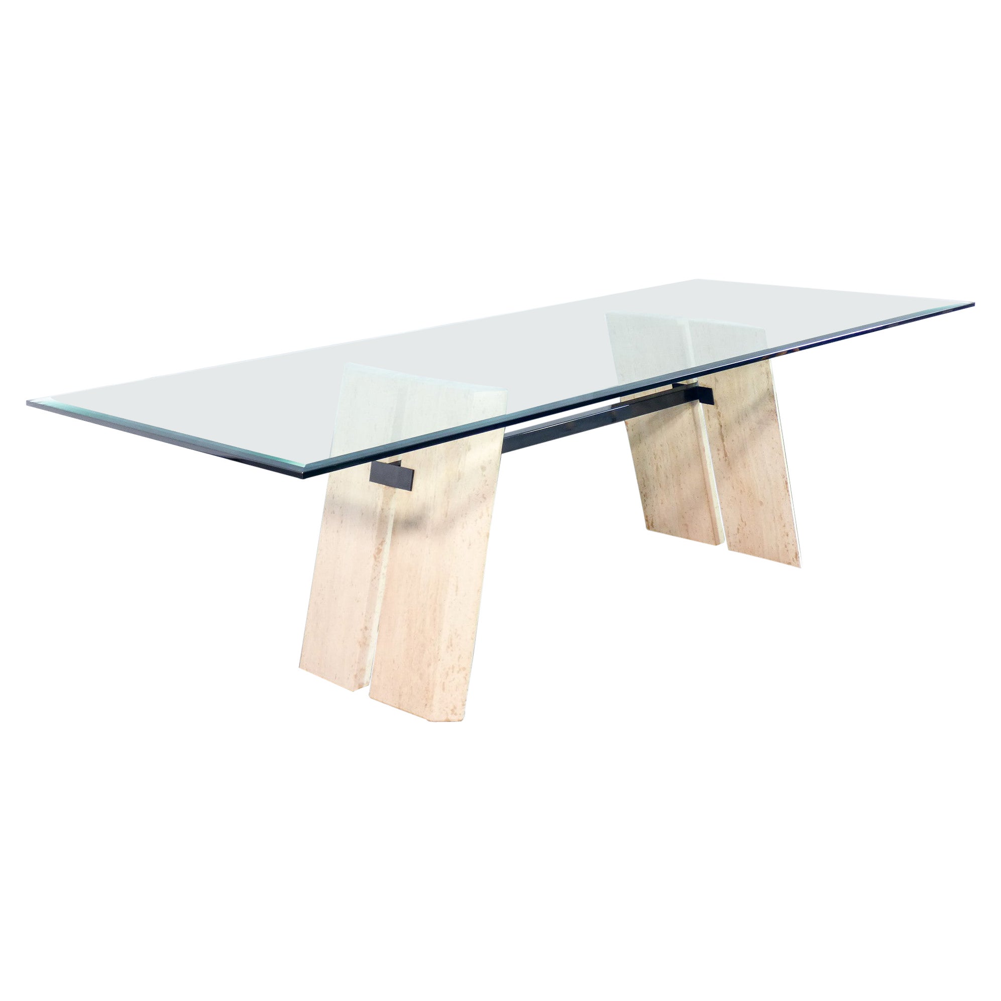 Italian design dining table from the 1970s, made of glass and travertine