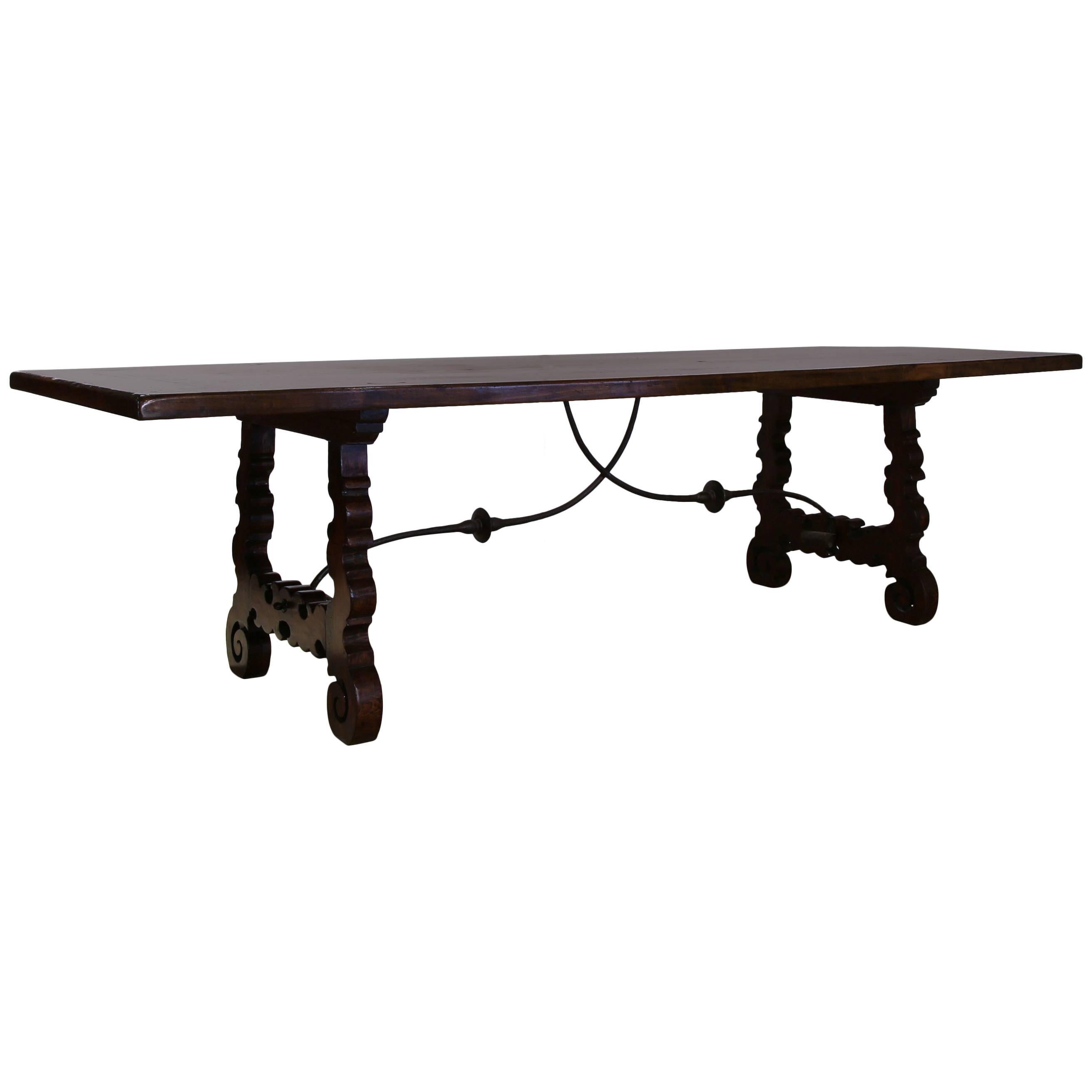 Large 19th Century Spanish Walnut Farm Table with Iron Stretcher