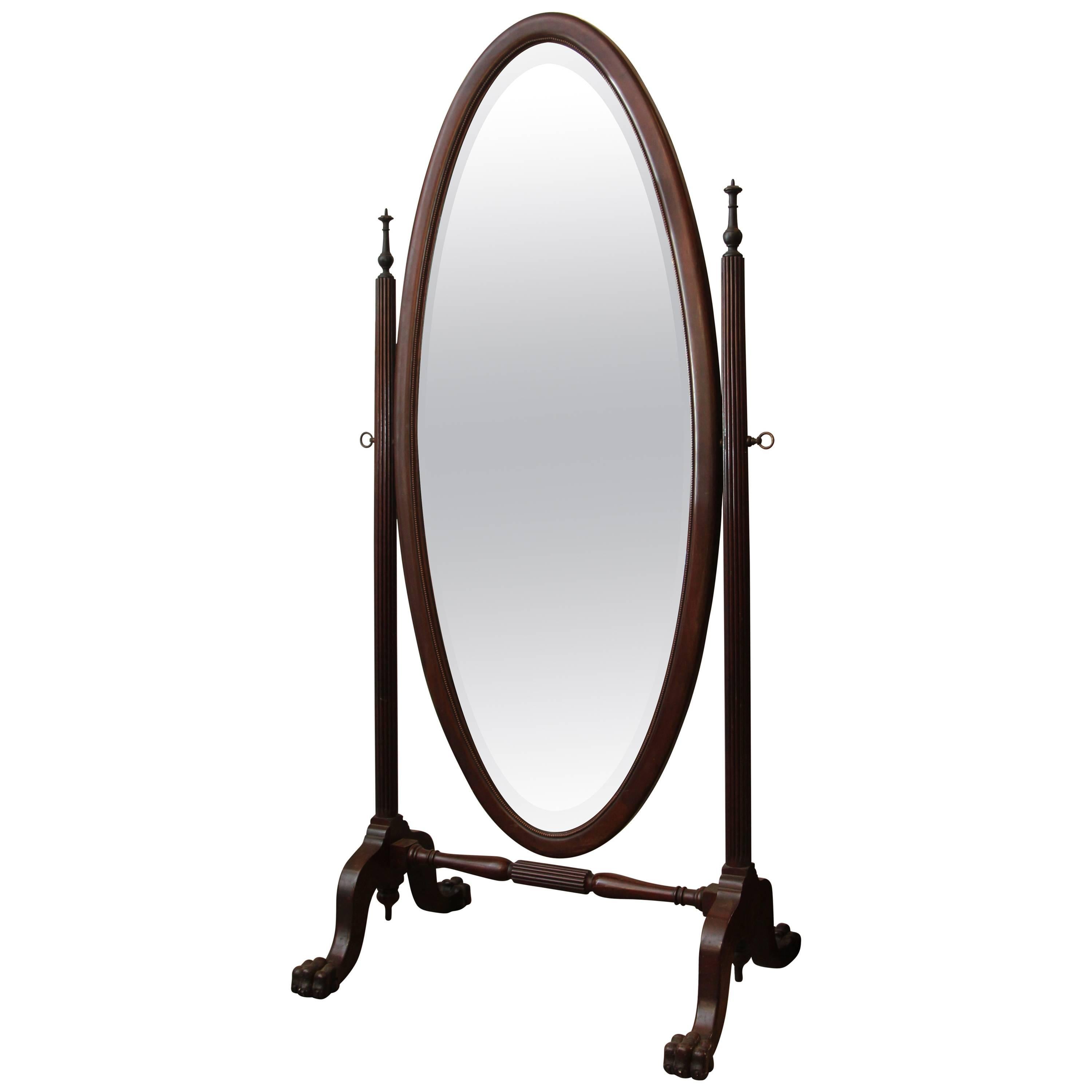 1910 Mahogany Cheval Mirror with Beveled Glass, Beaded Detail and Claw Feet