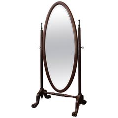 1910 Mahogany Cheval Mirror with Beveled Glass, Beaded Detail and Claw Feet
