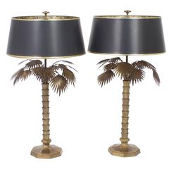 Chic Mid-Century Pair of Bronze Palm Tree Table Lamps