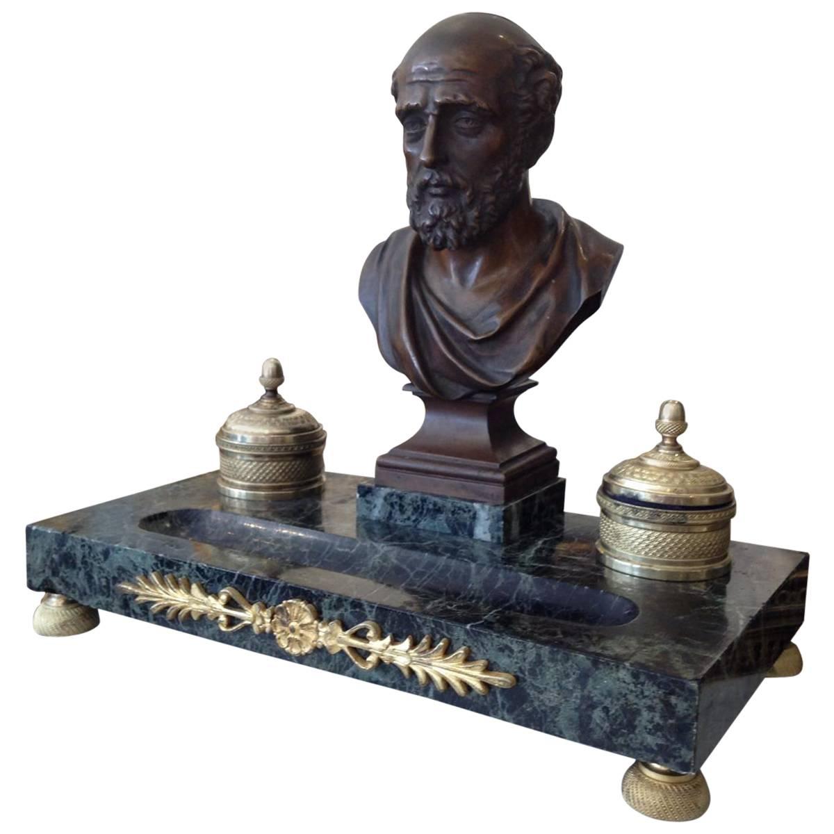 Marble Inkwell with Bronze Bust of Philosopher, Second Empire Napoléon III Era For Sale