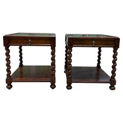 Baker Furniture Brown Wood Barley Twist Side Tables or Nightstands, a Pair