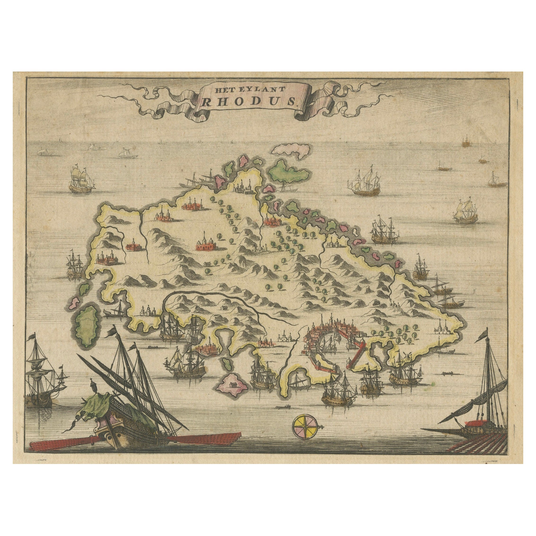 1687 Engraved View of Rhodes by O. Dapper – Hand-Colored Island of Rhodus