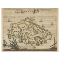 1687 Vista grabada de Rodas por O. Dapper - Isla de Rodas coloreada a mano
