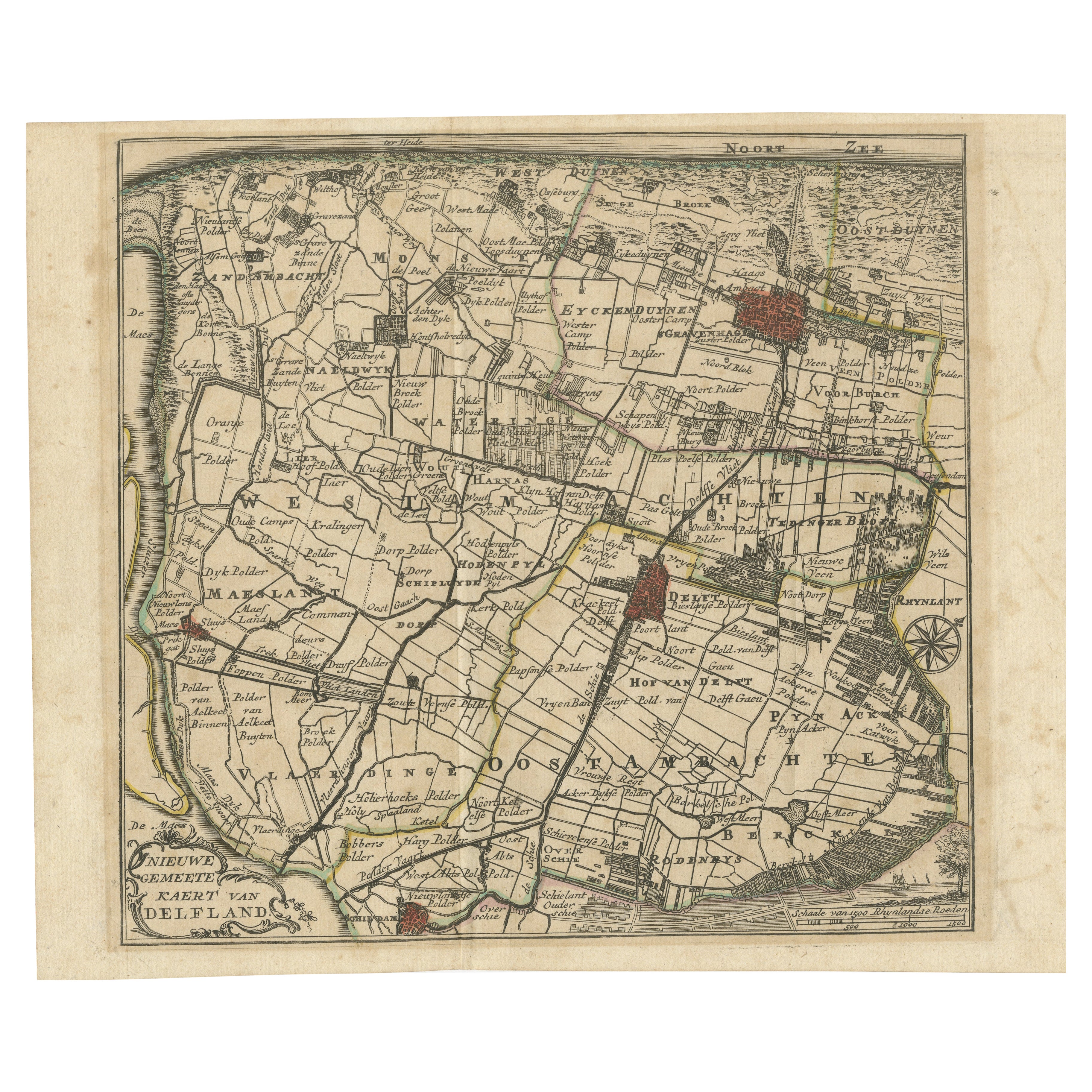 Handkolorierte Karte von Delfland von Hendrik de Leth, 1740 - Delft & Den Haag
