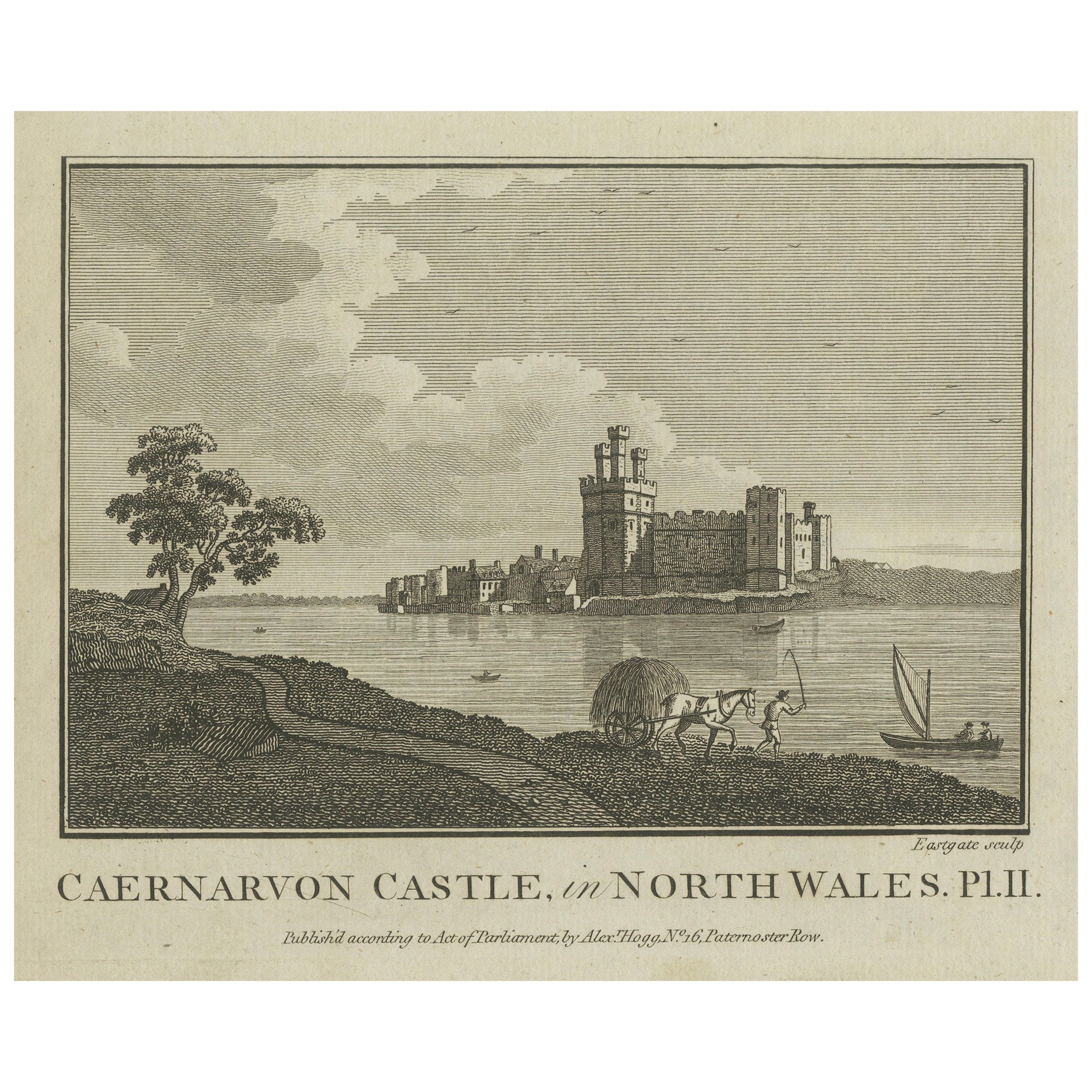 Caernarvon Castle in North Wales – Antique English Engraving by A.Hogg, ca.1785