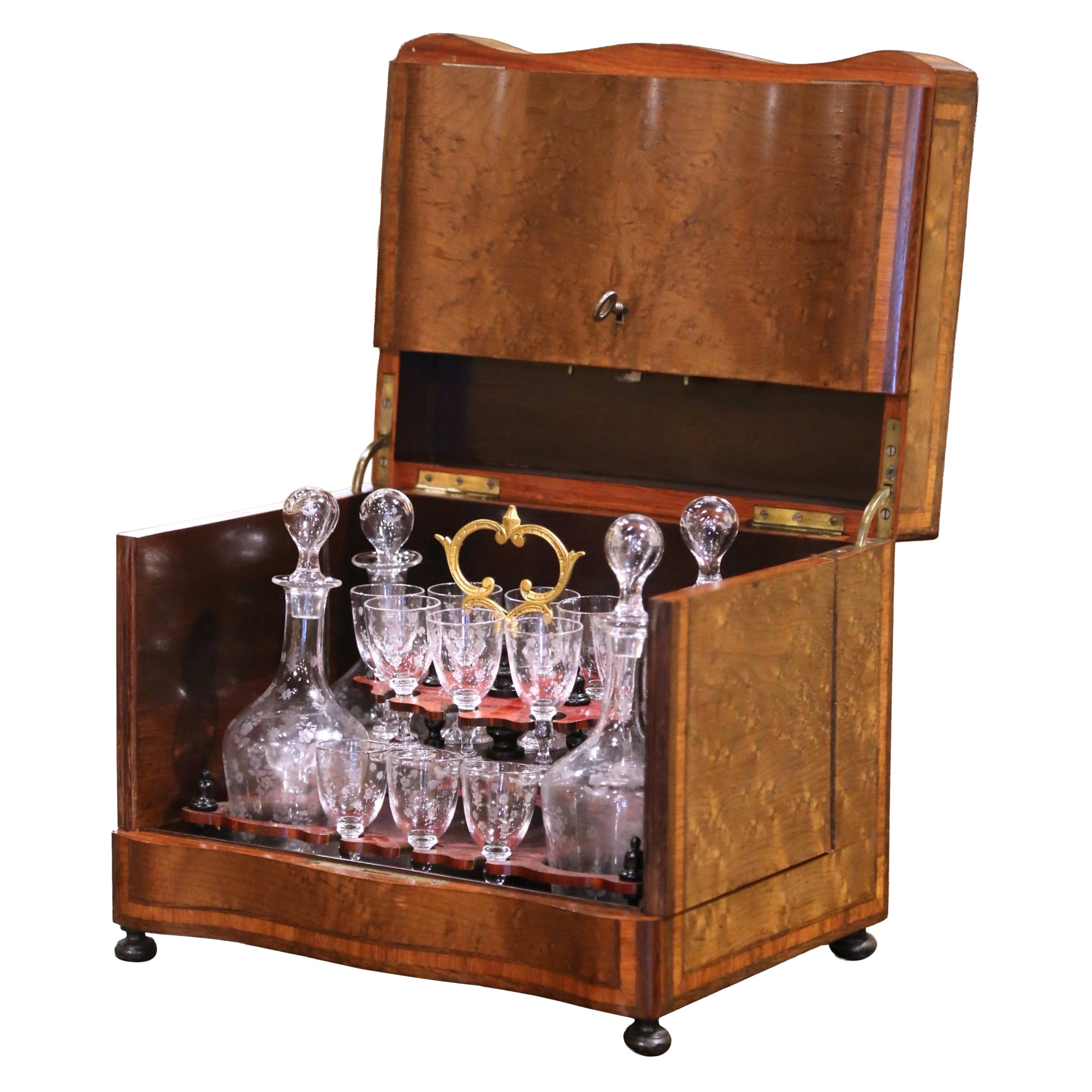 19th Century French Napoleon III Burl Walnut Inlaid Complete "Cave a Liqueur"