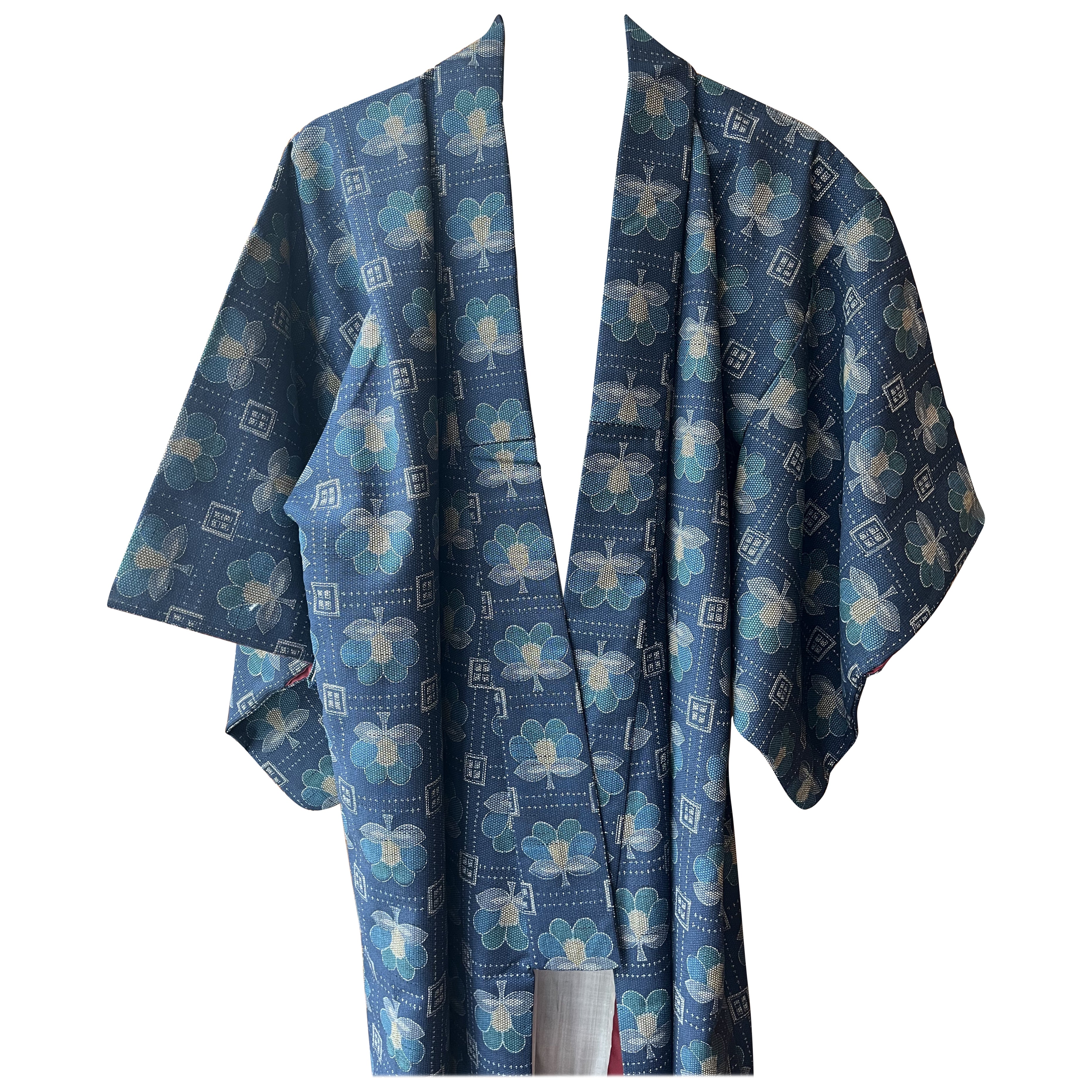 Japanese Kimono-Navy and Green Floral Print