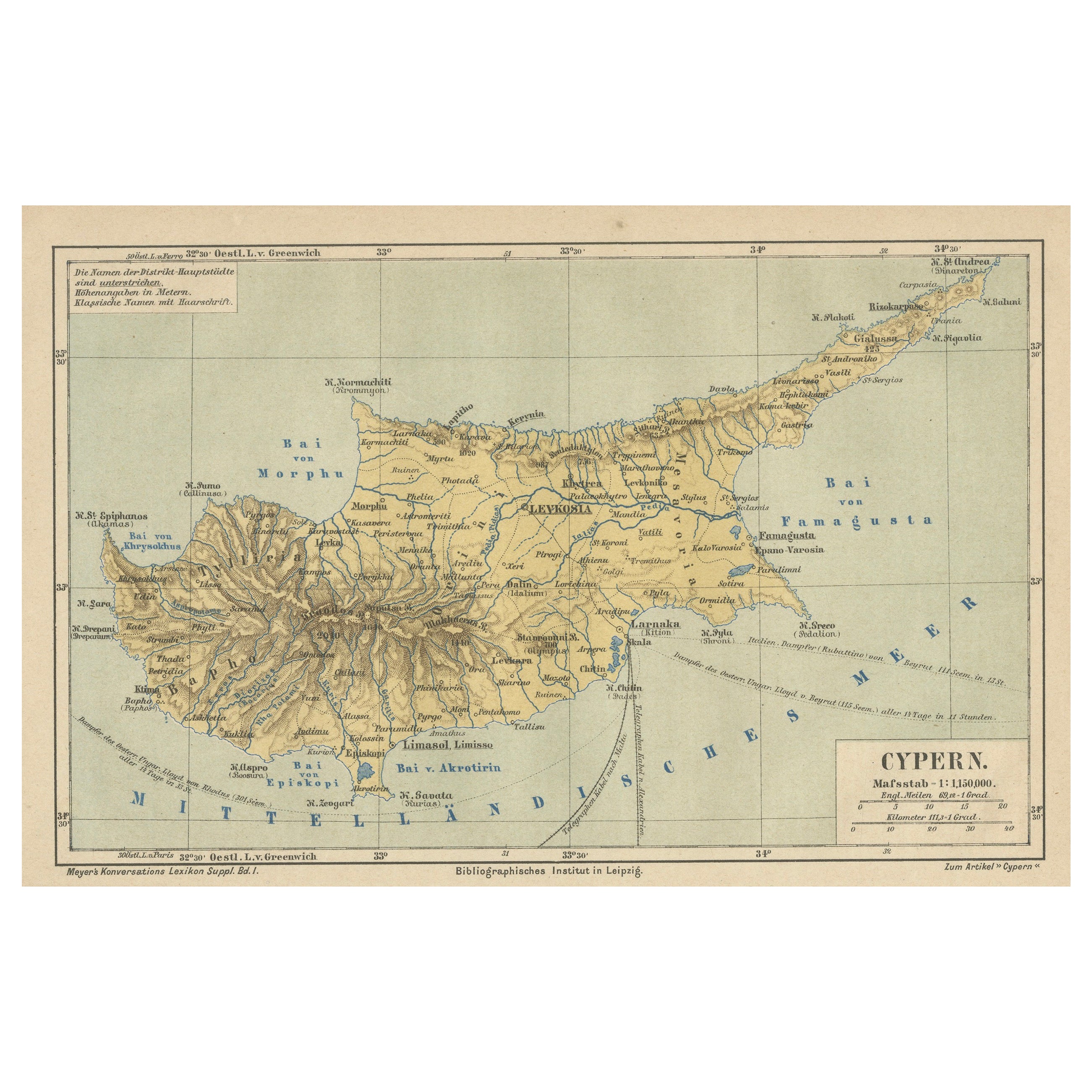 Antique Map of Cyprus (Cypern) from Meyer's Lexikon, Leipzig, circa 1890