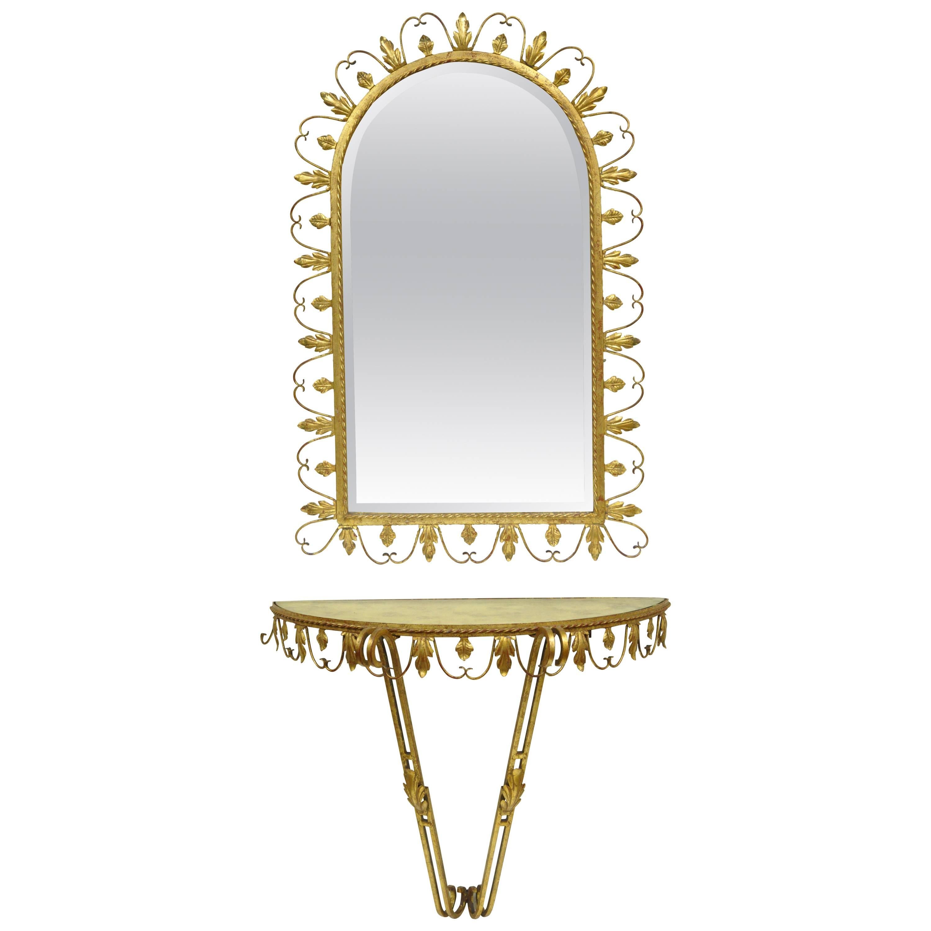 Adeco Italian Hollywood Regency Gold Gilt Metal Iron Mirror & Small Wall Console