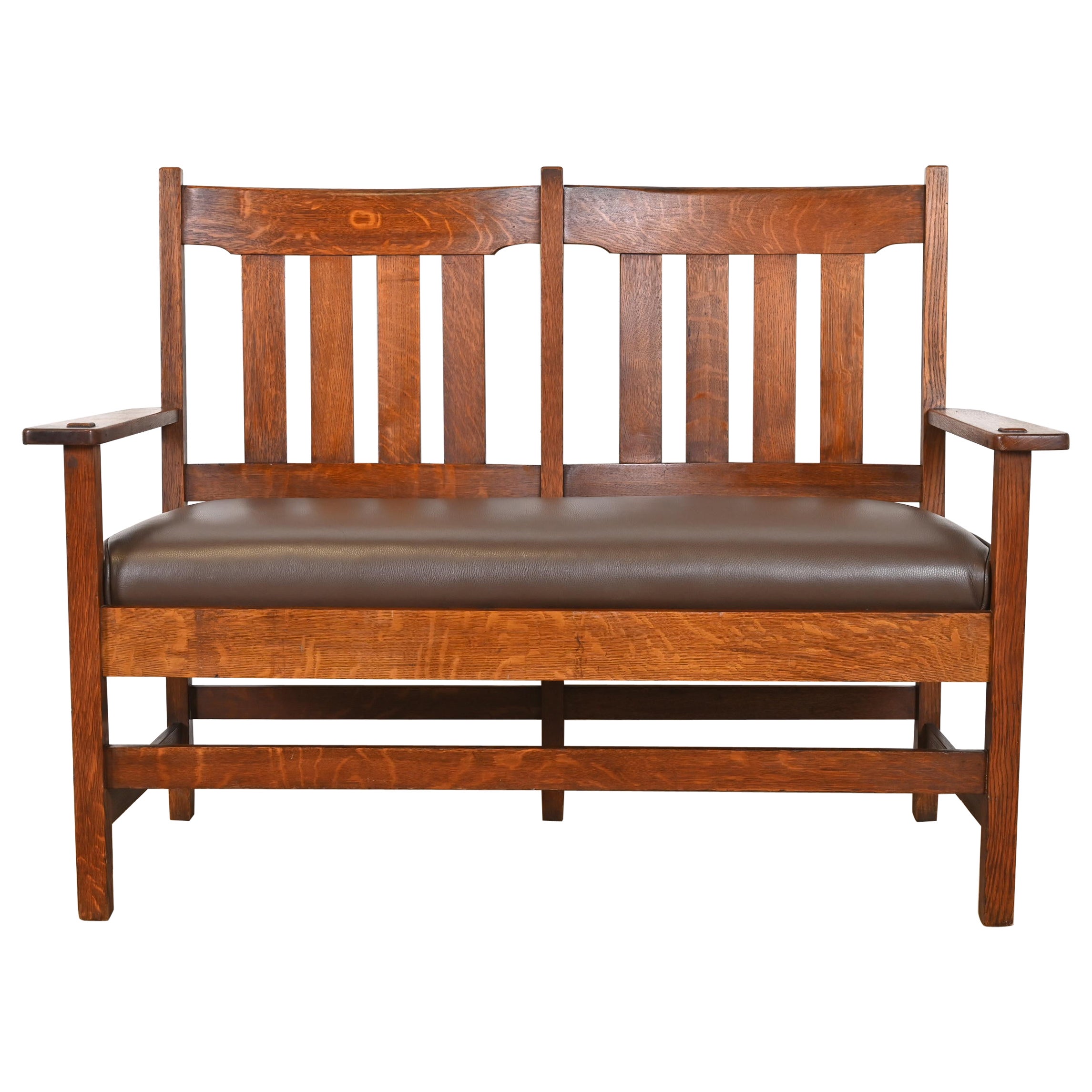 Stickley Brothers Antique Mission Oak Arts & Crafts Bench or Settee, Circa 1900