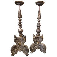 Pair of Candlesticks, Silver Plate Metal and Bronze, Germany, 17th Century