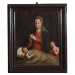 Óleo italiano sobre lienzo, Virgen con el Niño y San Juan, Siglo XVII