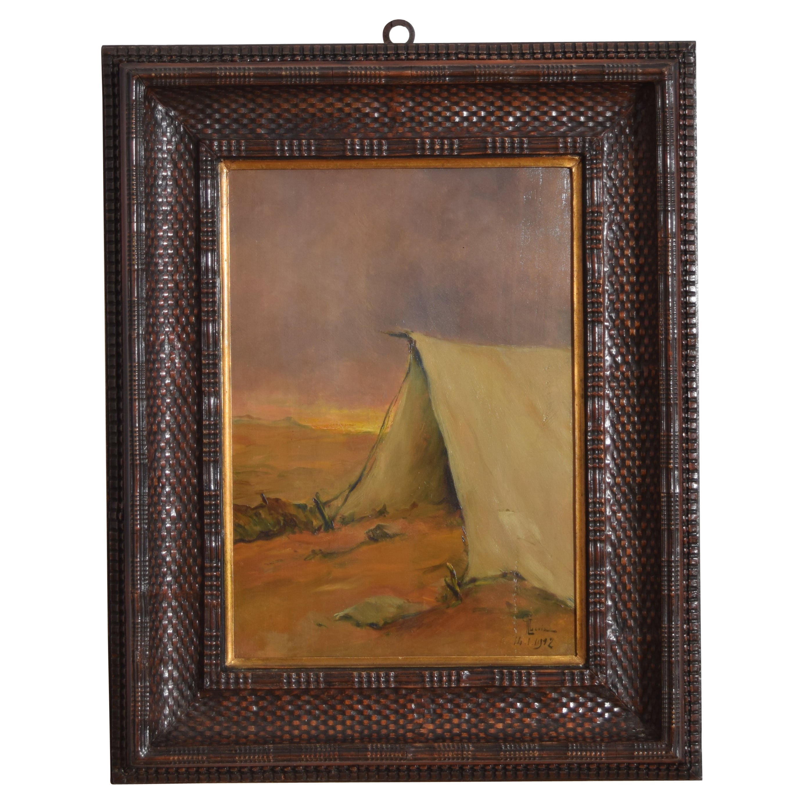 Italian Oil on Board, Tent in the Desert, Giuseppe Augusto Levis, 1-14-1912