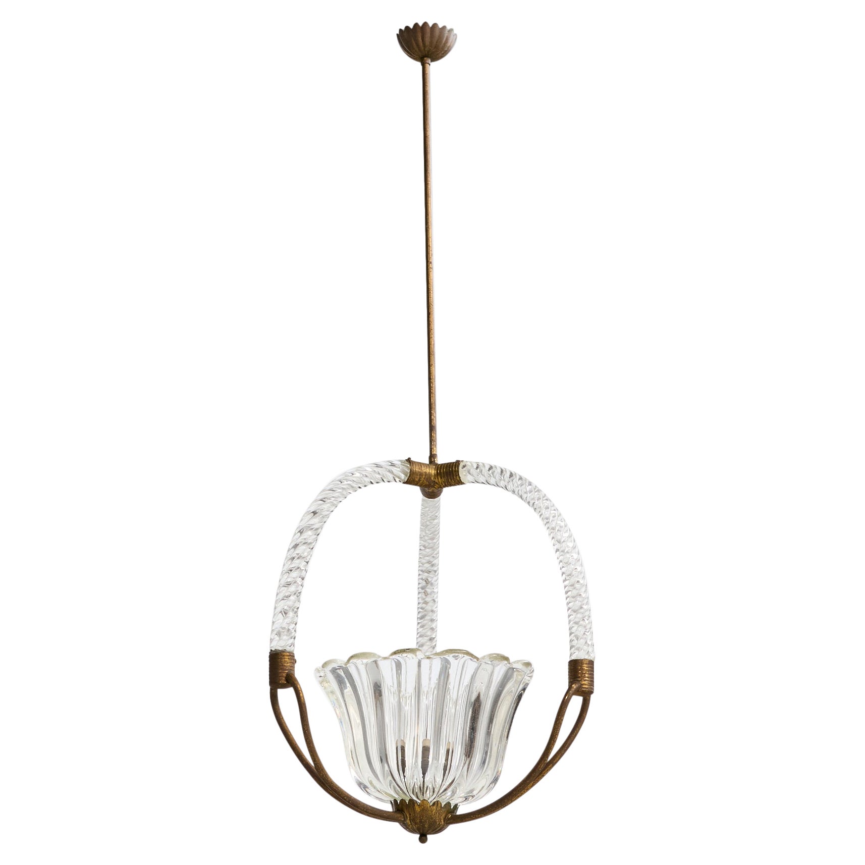 Italian Designer, Pendant Light, Brass, Glass, Italy, 1940s