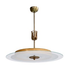 Schwedische Designerin, Pendelleuchte, Messing, Glas, Pergament, Schweden, 1930er Jahre