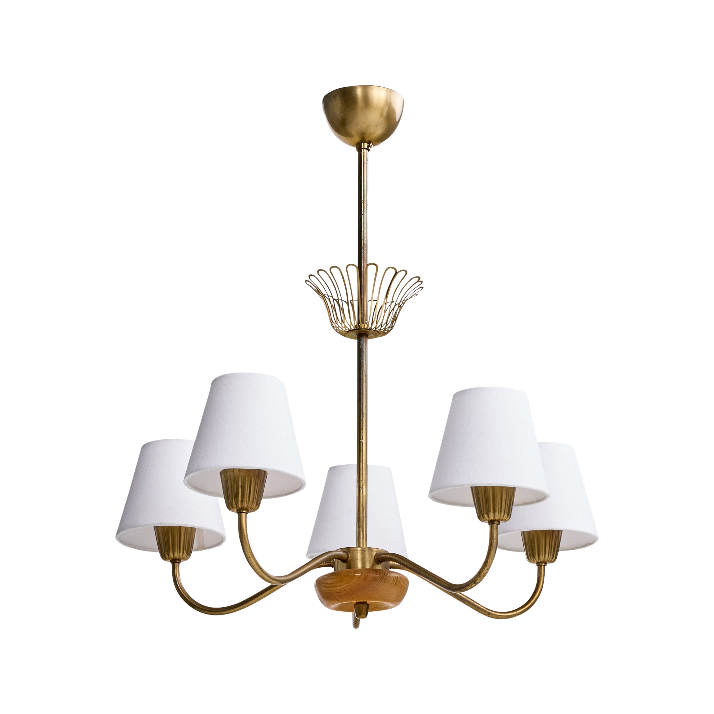 ASEA, Chandelier, Brass, Oak, Fabric, Sweden, 1950s