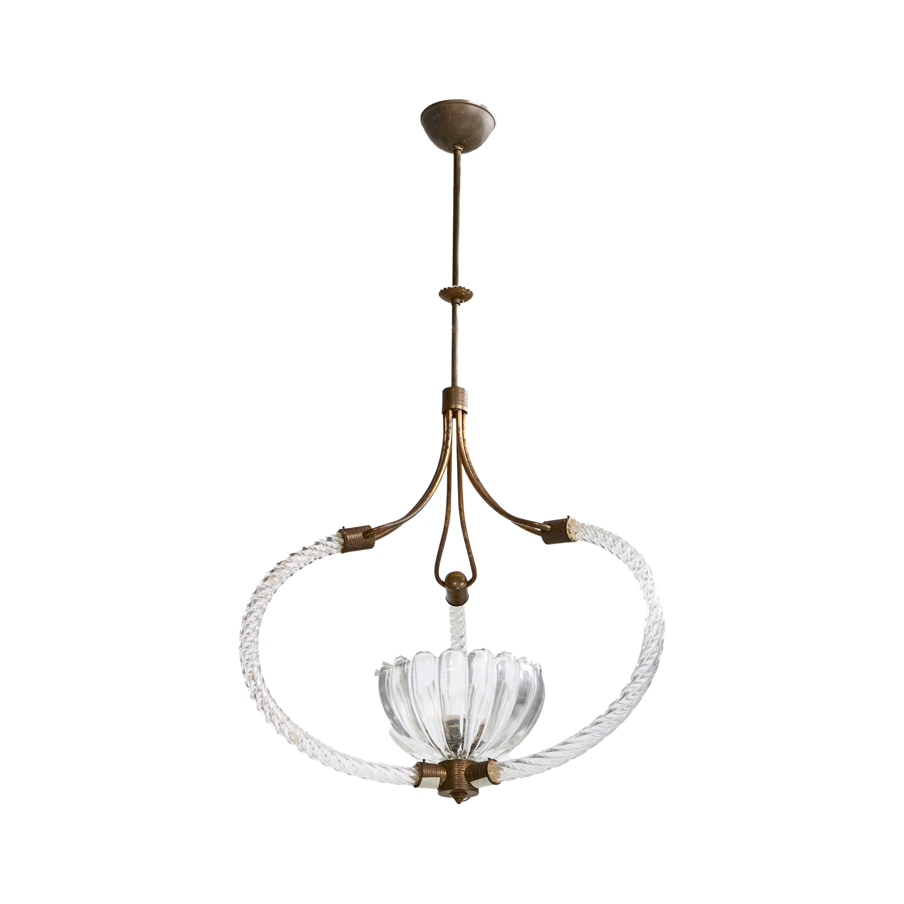 Italian Designer, Pendant Light, Brass, Glass, Italy, 1940s