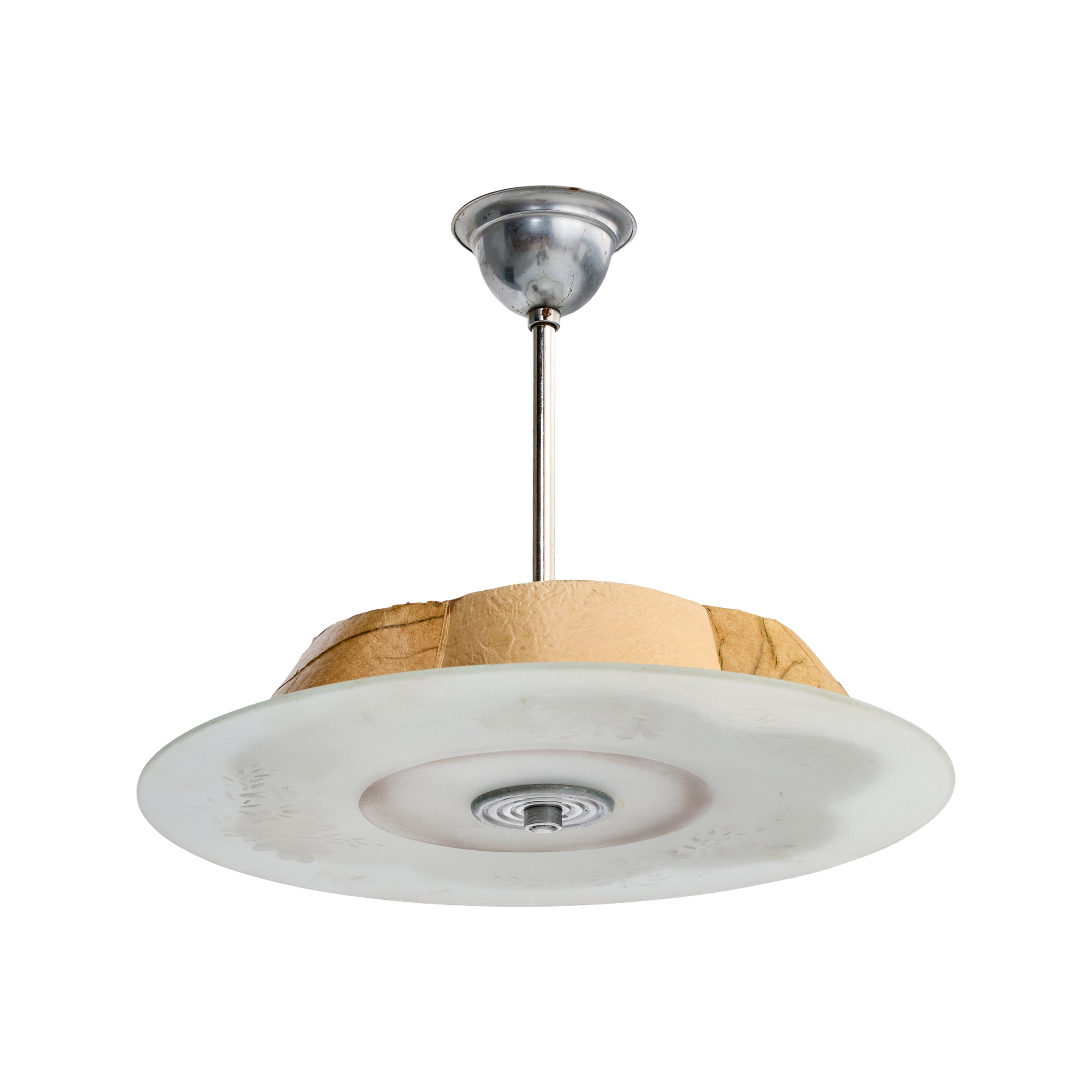 Schwedische Designerin, Pendelleuchte, Metall, Pergament, Glas, Schweden, 1930er Jahre