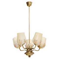 Valinte Oy, Chandelier, Brass, Glass, Finland, 1950s