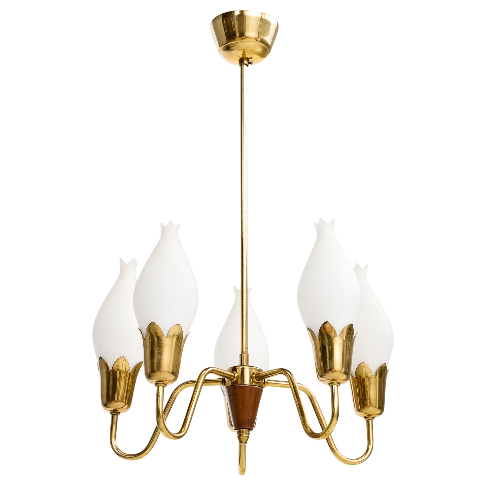 Fog & Mørup, Chandelier, Brass, Glass, Wood, Denmark, 1950s