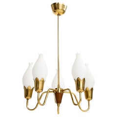 Fog & Mørup, Chandelier, Brass, Glass, Wood, Denmark, 1950s