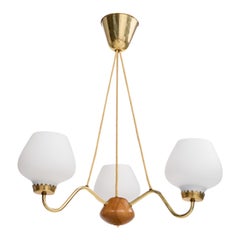 ASEA, Chandelier, Brass, Glass, Oak, Sweden, 1950s