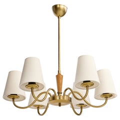 Lampadario di design svedese, ottone, Oak, tessuto, Svezia, anni '1950