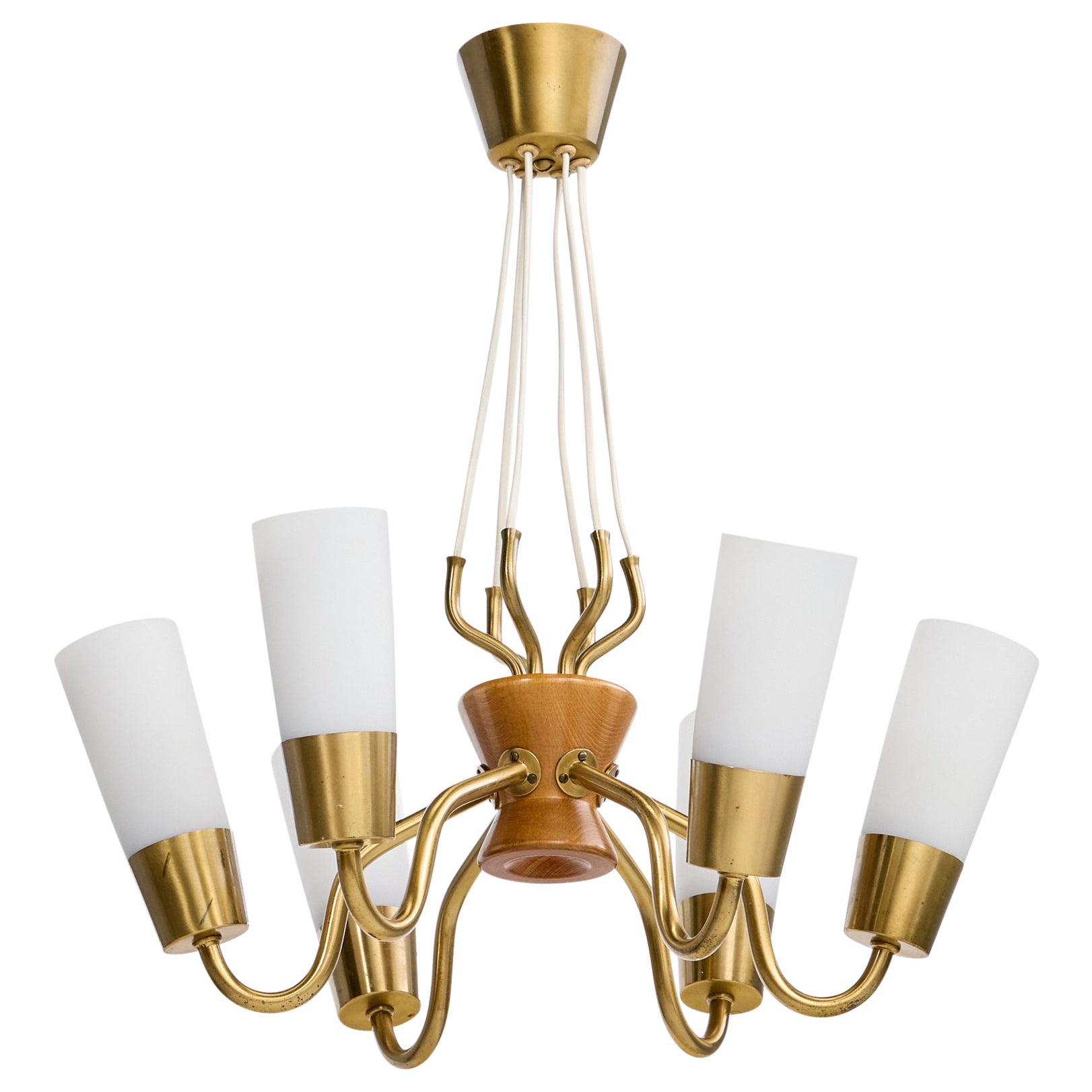 Swedish Designer, Chandelier, Brass, Oak, Glass, Sweden, 1950s