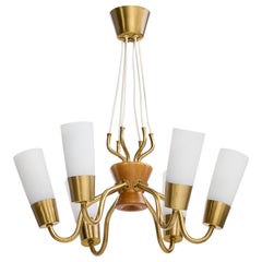 Swedish Designer, Chandelier, Brass, Oak, Glass, Sweden, 1950s