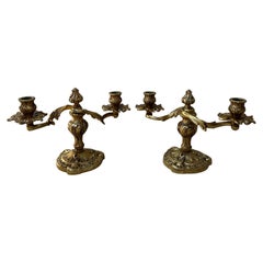 Pair of Ornate French Gilded Brass Double-Arm Candelabras