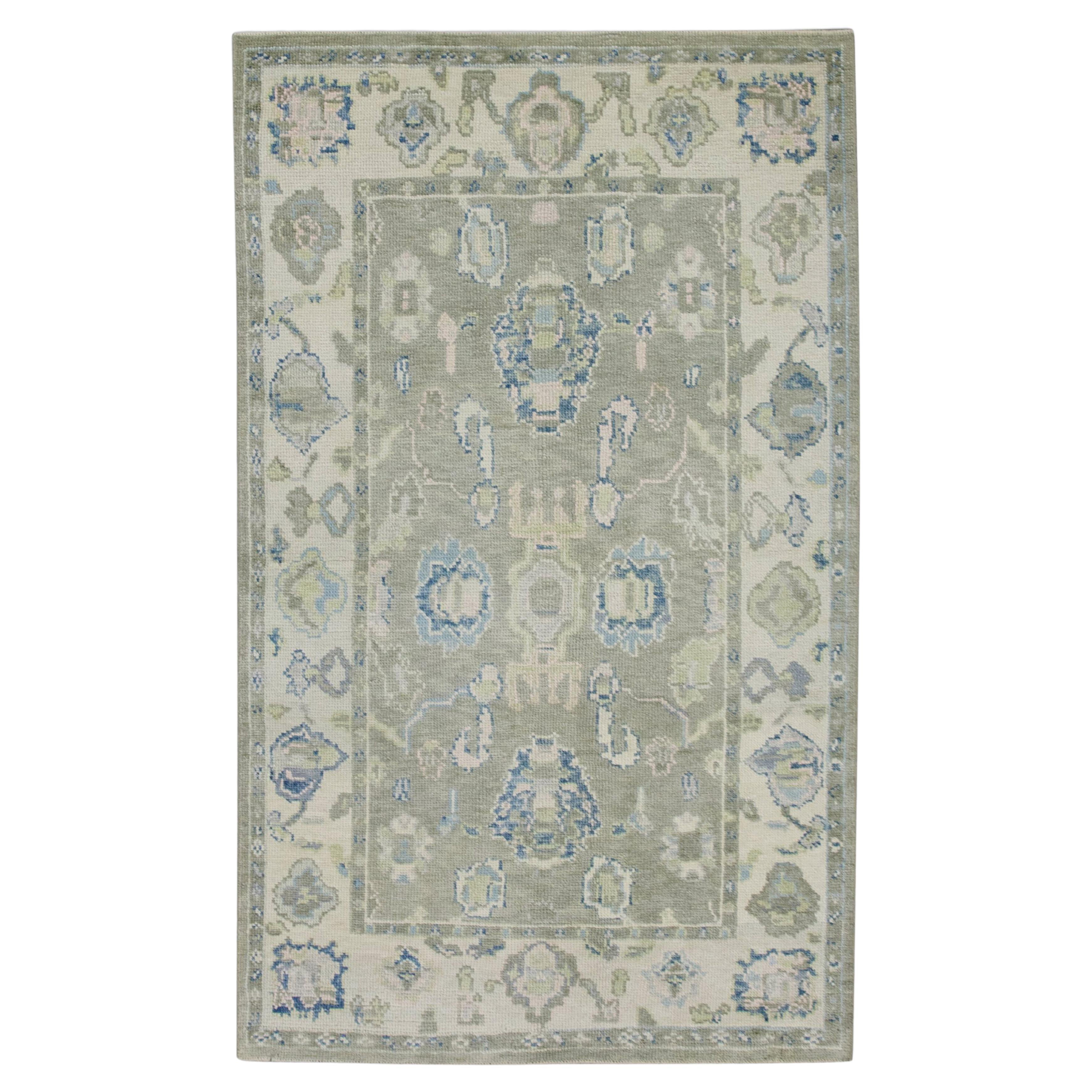 Tappeto turco Oushak in Greene & Greene & Blue annodato a mano in lana 3'10" × 6'6"