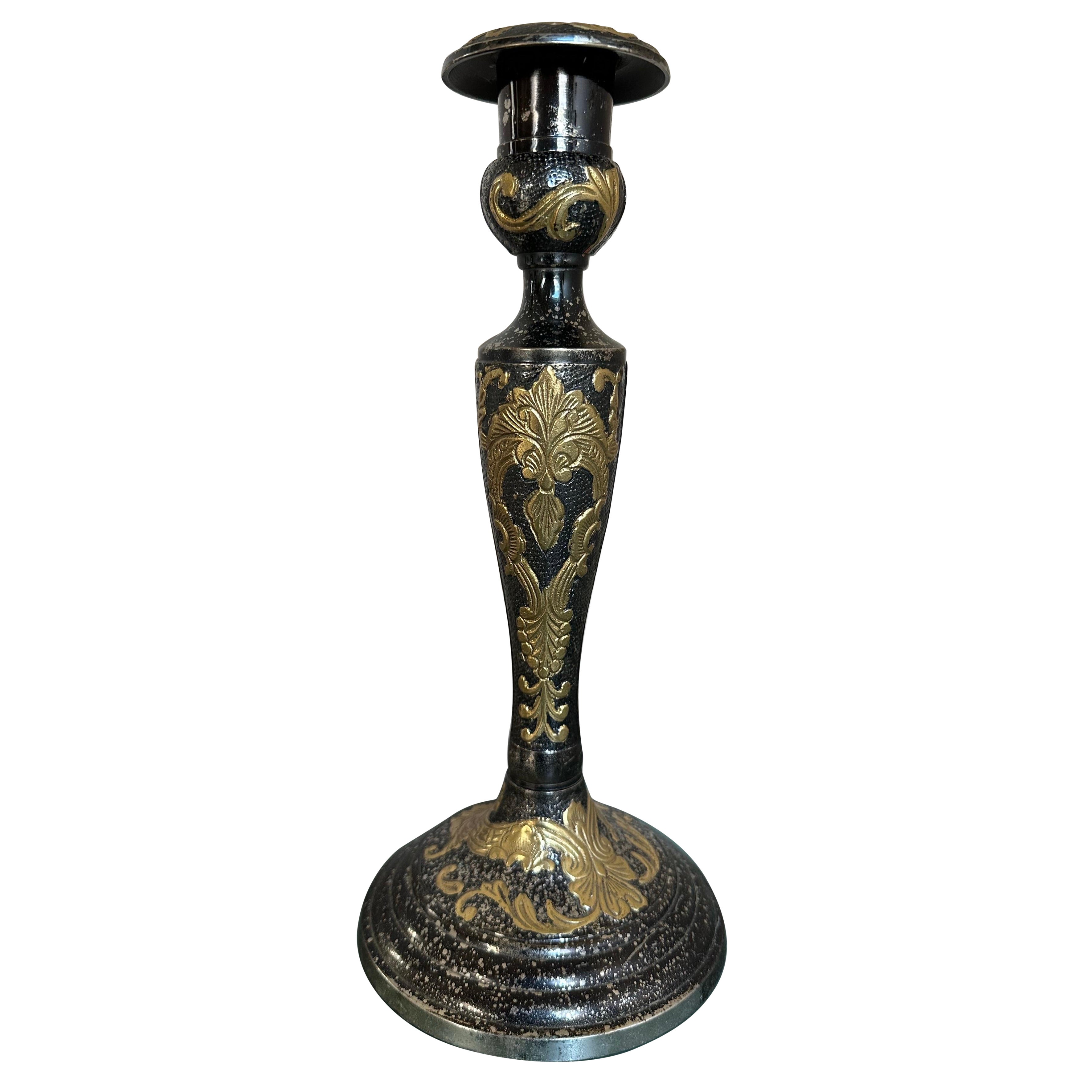 Solid Brass Black and Gold Hand Etched Candlestick