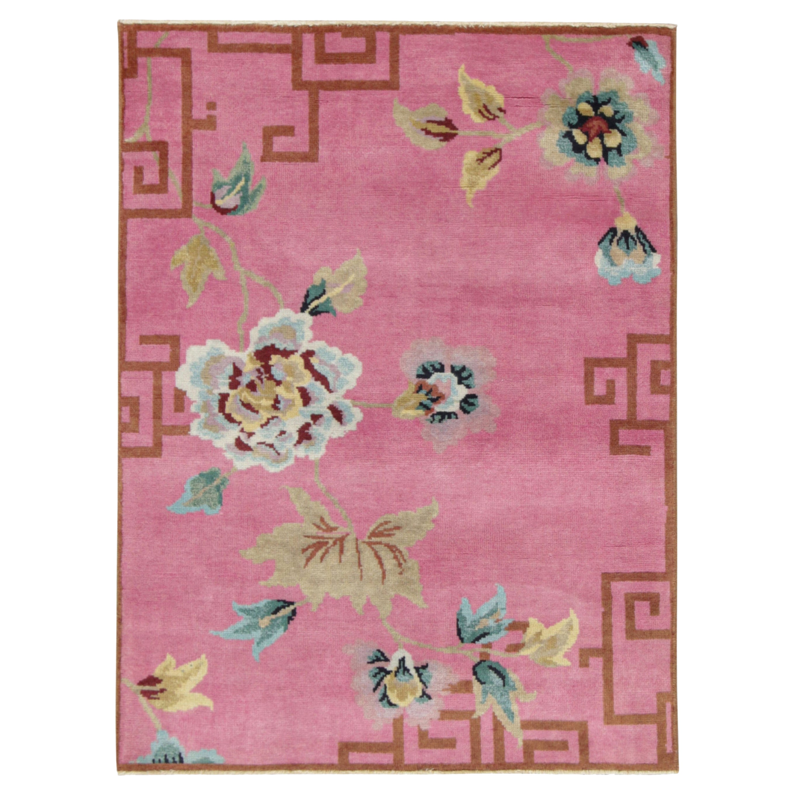 Rug & Kilim’s Chinese Art Deco Style Rug in Pink with Floral Patterns