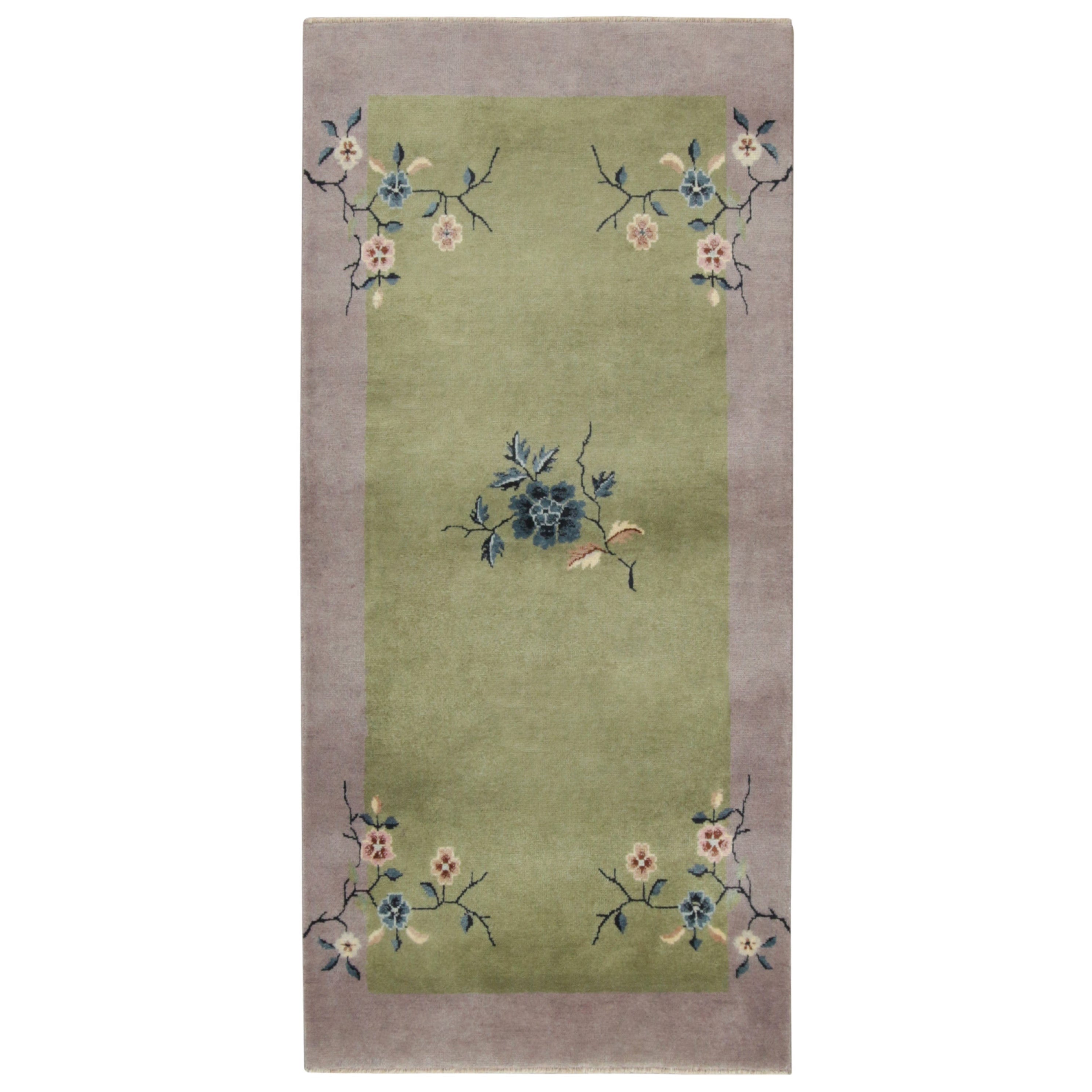 Rug & Kilim’s Chinese Art Deco Style Runner Rug in Green with Floral Patterns