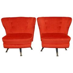 Pair of Mid-Century Theo Ruth Style Velveteen Swivel Lounge Chairs