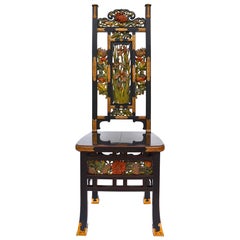 Antique Exquisite Late 19th Century Japanese Black Lacquer High Back Side Chair