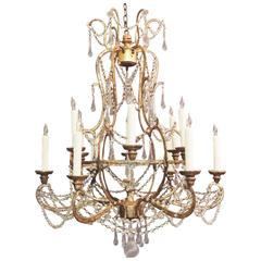 Late 18th C Italian Piedmont Gilded Wood, Tole, and Crystal Chandelier