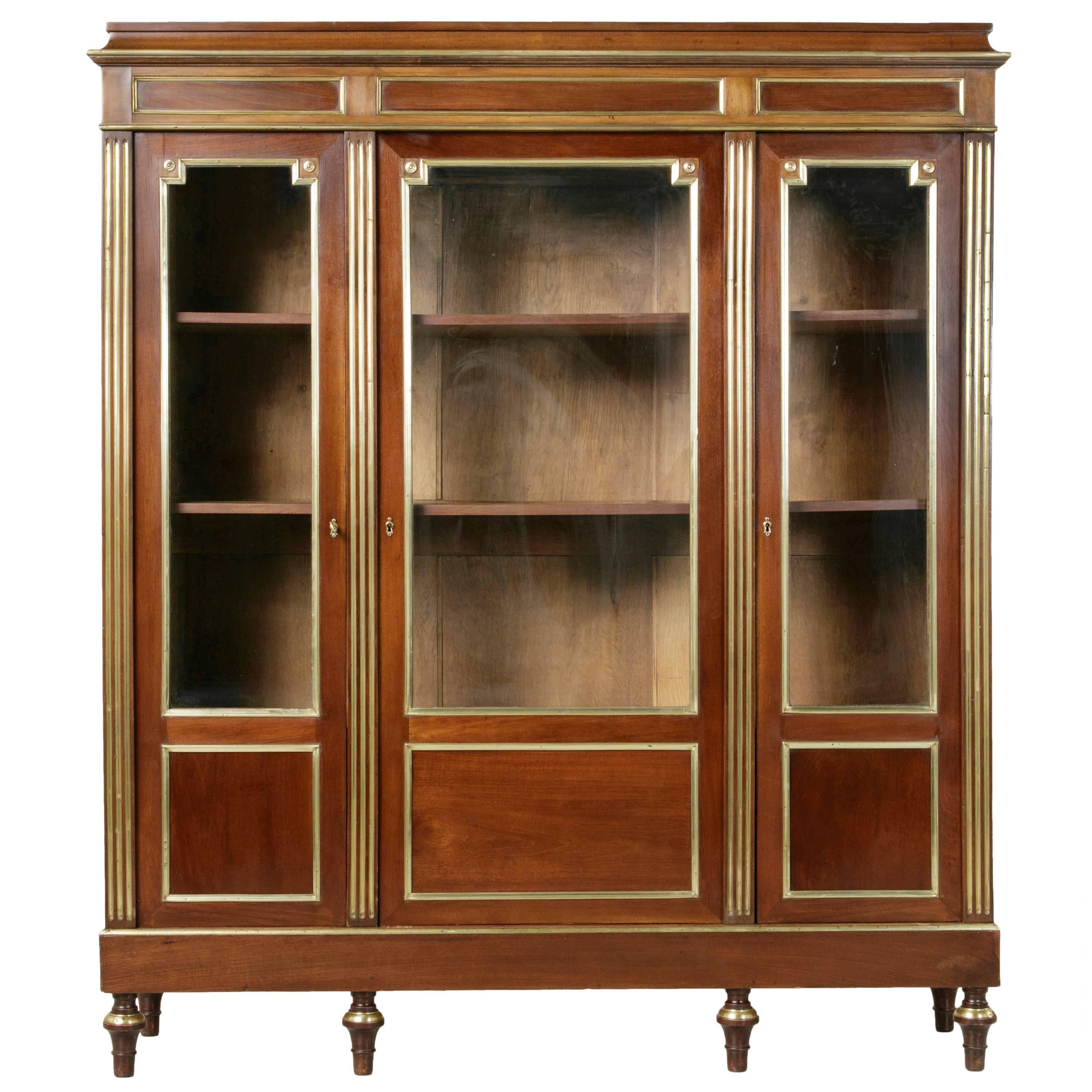 19th Century French Louis XVI Three-Door Bookcase Vitrine with Bronze Banding