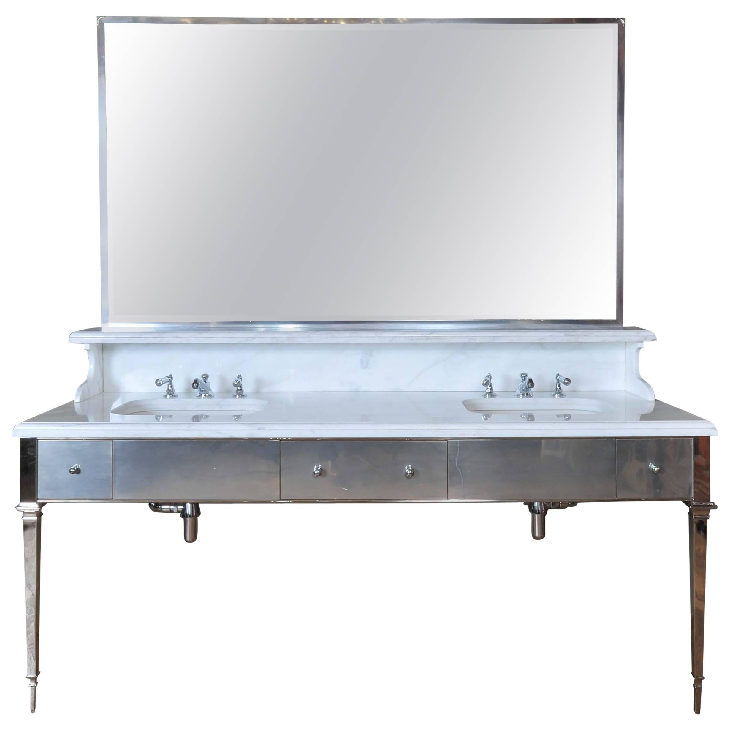 Deco Style Marble and Chrome Double Sink Washstand
