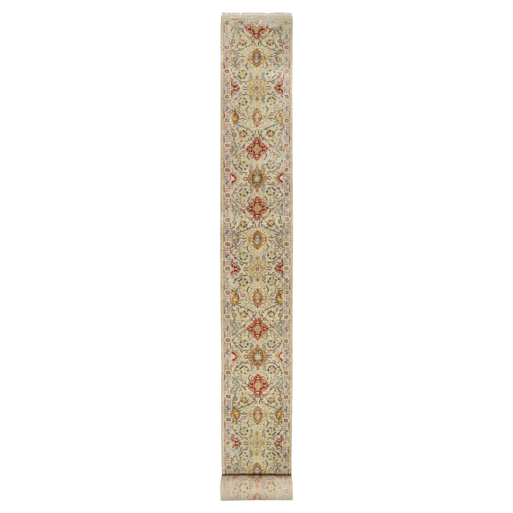 2'6 "x24' Beige, The Sunset Rosettes, Tappeto Runner annodato a mano in lana e pura seta