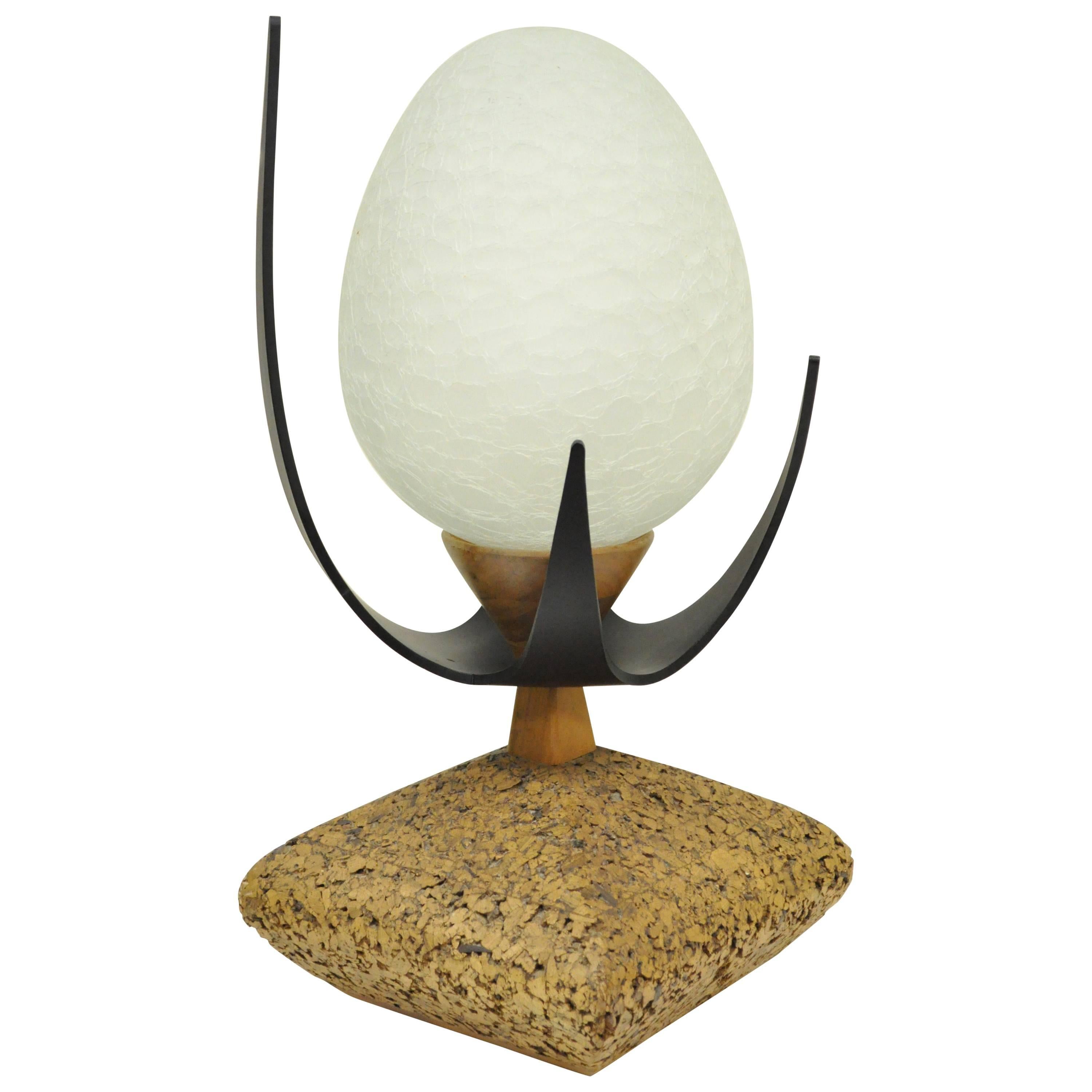 Lynard of California Cork Crackled Glass Walnut Atomic Era Modern Egg Table Lamp For Sale
