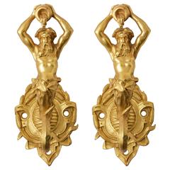 Pair of 19th Century French Large Bronze Dore Neptune Motif Hooks