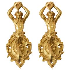 Pair of 19th Century French Large Bronze Dore Neptune Motif Hooks 