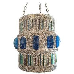 1960s French Pendant Light in Stained Glass and Pebbles in Concrete