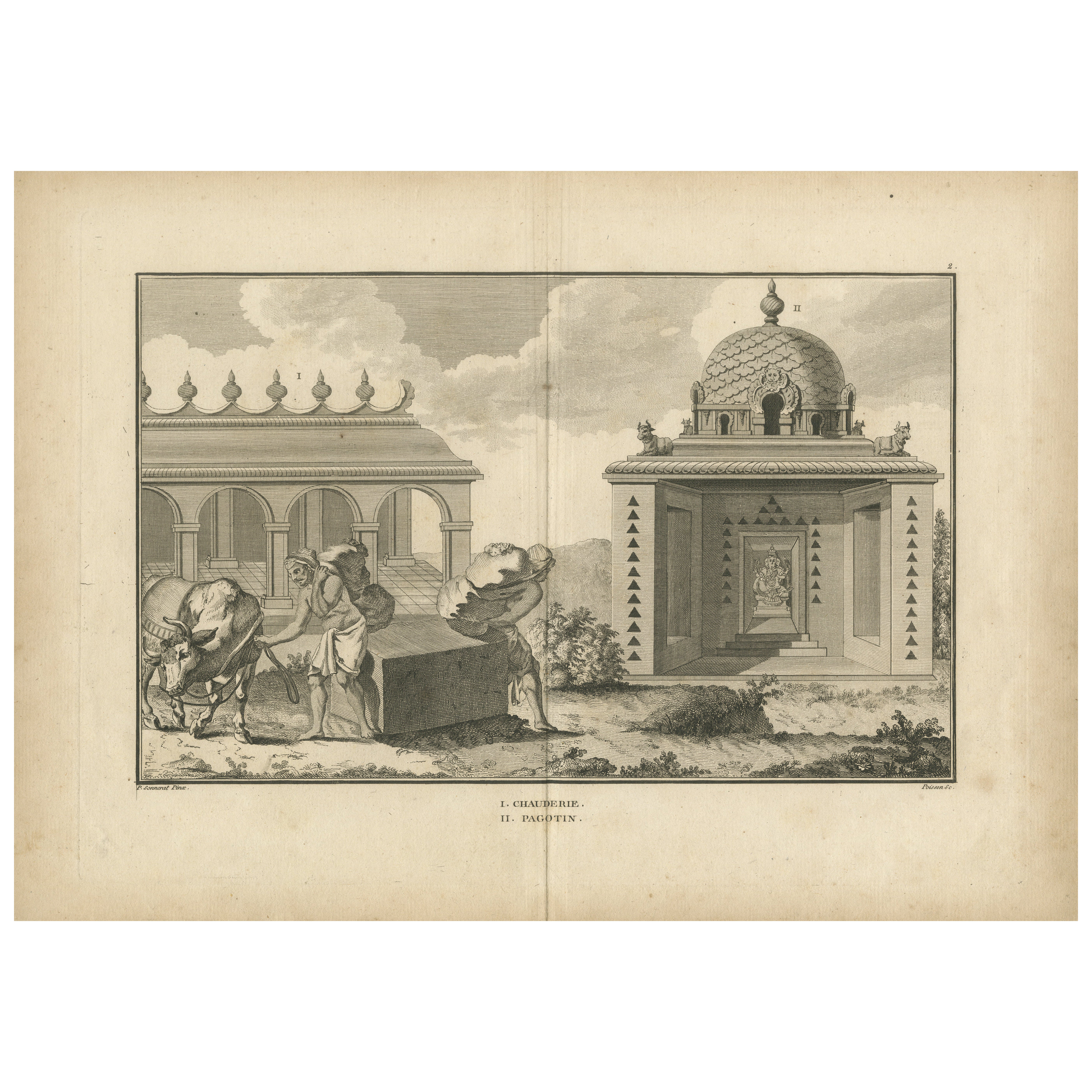 Chauderie and Pagotin Temples, India – Sonnerat Voyage Engraving, 1806